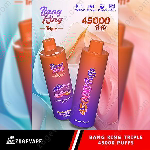 Image promotionnelle pour l'appareil de vapotage triple Bang King faisant la publicité de 45 000 bouffées, avec une image de marque colorée et des détails sur le produit, y compris des options de saveur fraise et vanille.