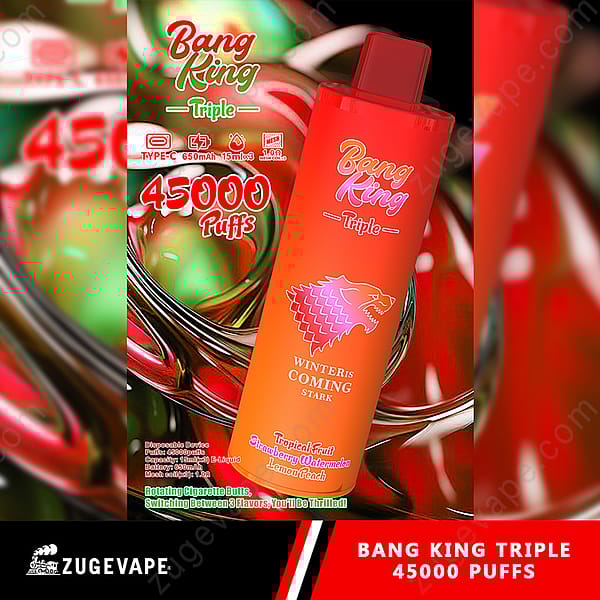 Image promotionnelle mettant en vedette la vape jetable triple Bang King avec 45 000 bouffées, mise en valeur dans un fond métallique futuriste et un appareil orange avec une marque thématique et des détails de saveur.
