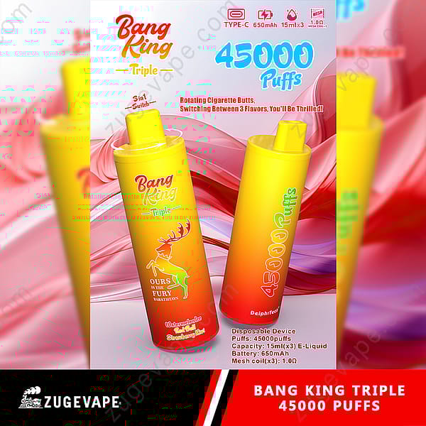 Image promotionnelle colorée présentant l'appareil de vape jetable triple Bang King, doté d'une capacité de 45 000 bouffées avec plusieurs saveurs et une charge de type C, sur un fond abstrait vibrant.