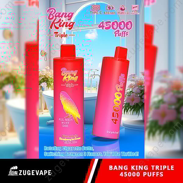 Image promotionnelle de la vape jetable triple Bang King montrant deux unités et mettant en évidence des fonctionnalités telles qu'une capacité de 45 000 bouffées, une charge de type C et des options multi-saveurs dans un cadre lumineux et décoratif.