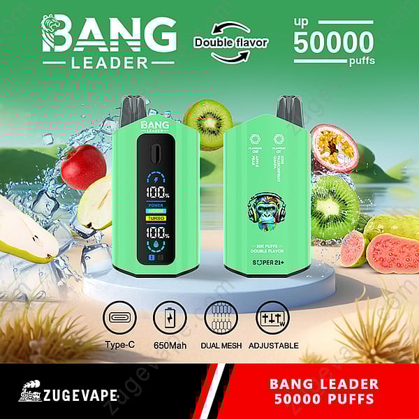 Promotiefoto van de Bang Leader Vape waarop het groene apparaat met dubbele smaakcapaciteit, tot 50.000 trekjes en functies zoals Type-C-opladen en Dual Mesh te zien is. Het apparaat is omringd door fruitsoorten zoals kiwi, appel en peer en benadrukt de dampervaring met felle graphics.