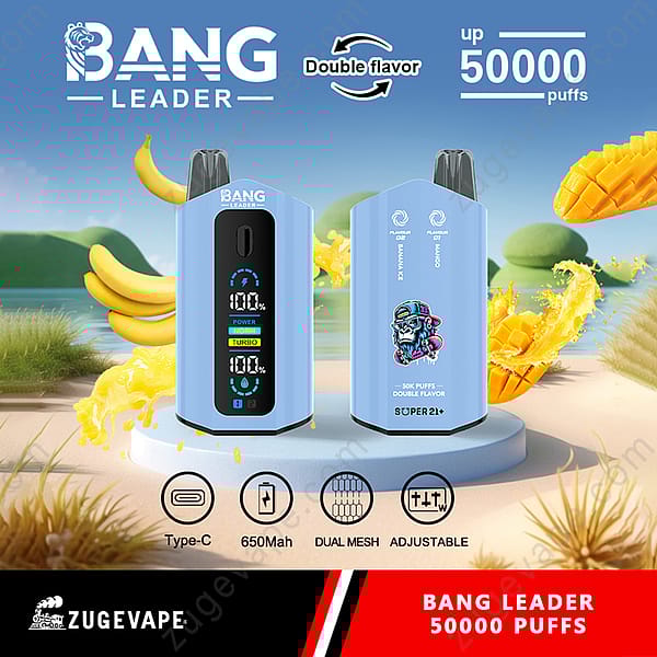 Promotie-afbeelding voor de Bang Leader e-sigaret, met de nadruk op de dubbele smaak, tot 50.000 trekjes en functies zoals Type-C-opladen, 650 mAh-batterij, dubbele mesh en instelbare instellingen, met afbeeldingen van bananen en mango's op de achtergrond.