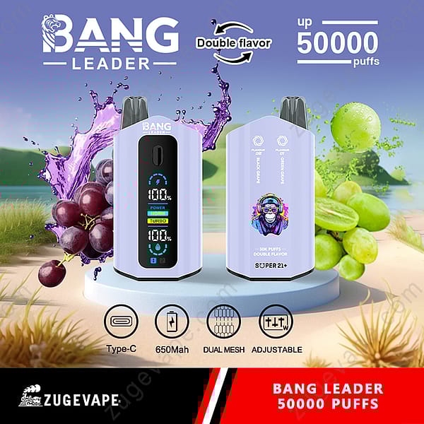 Promotie-afbeelding met twee Purple Bang Leader Vape-apparaten die een dubbele smaakcapaciteit laten zien met maximaal 50.000 trekjes, samen met grafische elementen van zwarte en groene druiven en apparaatspecificaties zoals Type-C-opladen en instelbare instellingen.