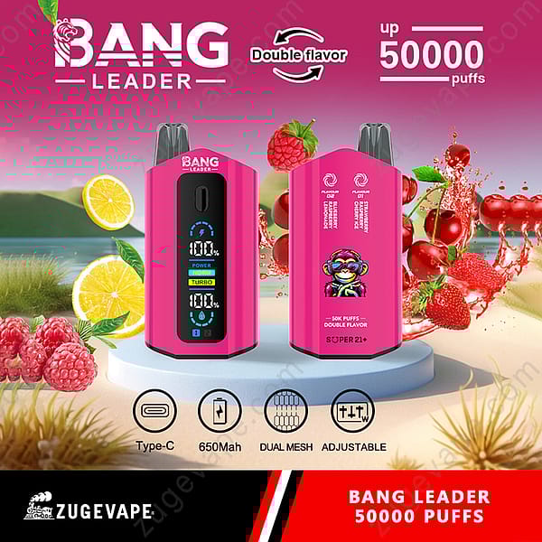 Advertentie voor Bang Leader Vape-apparaat met 50.000 trekjes en dubbele smaak, met afbeeldingen van het roze apparaat omringd door citroenen en frambozen, samen met uitgelichte functies van het apparaat, zoals Type-C-opladen, 650 mAh-batterij, dubbele mesh en instelbare instellingen.