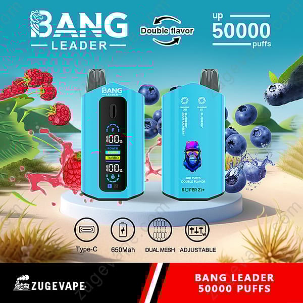 Promotie-afbeelding voor de Bang Leader Disposable Vape met dubbele smaakopties, tot 50.000 trekjes en functies zoals Type-C-opladen, 650 mAh-batterij, dubbele mesh en instelbare instellingen, met levendige afbeeldingen van frambozen en bosbessen.
