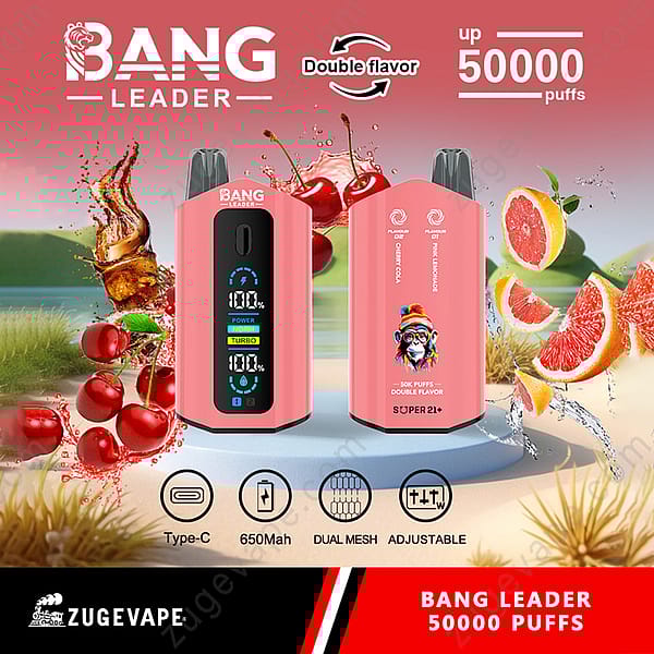 Advertentie voor Bang Leader Vape-apparaat met 50.000 trekjes, met twee smaken, zoals Cherry Cola en Pink Lemonade, een digitaal display en opladen via USB Type-C.