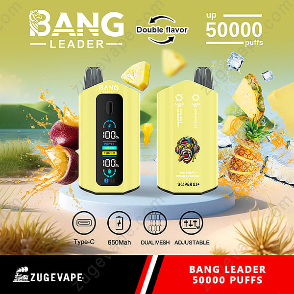 Promotie-afbeelding voor Bang Leader Vape met dubbele smaaktechnologie, goed voor maximaal 50.000 trekjes, met een 650 mAh-batterij en functies zoals Type-C-opladen, dubbele mesh en instelbare instellingen, omgeven door spetters vruchtensap met ananas en ijs.