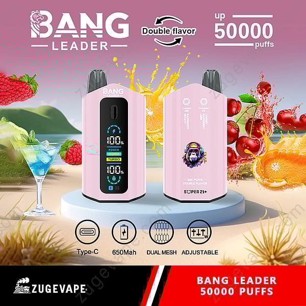 Advertentie voor Bang Leader Vape met functies als dubbele smaak, tot 50.000 trekjes, Type-C-opladen, 650 mAh-batterij, dubbele mesh en instelbare instellingen, met afbeeldingen van tropisch fruit rondom twee roze vape-apparaten op een voetstuk.