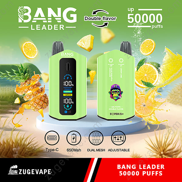 Promotie-afbeelding voor Bang Leader Vape, met een groen apparaat dat 50.000 trekjes aankan met twee smaken: sinaasappel, ananas en citroen, met specificaties zoals Type-C-opladen, 650 mAh-batterij, Dual Mesh-technologie en instelbare instellingen.