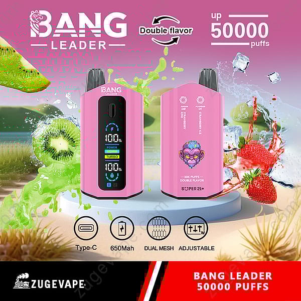Promotiefoto van het Bang Leader Vaping-apparaat met een roze ontwerp, compatibiliteit met twee smaken en een geadverteerde capaciteit van maximaal 50.000 trekjes, met de smaken Kiwi en Aardbei-ijs uitgelicht.