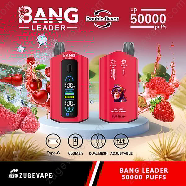 Promotie-afbeelding voor de Zugvape Bang Leader e-sigaret met twee smaken en een capaciteit van maximaal 50.000 trekjes, met aardbeien en frambozen op de achtergrond naast het rode apparaat met batterij- en mesh-specificaties.