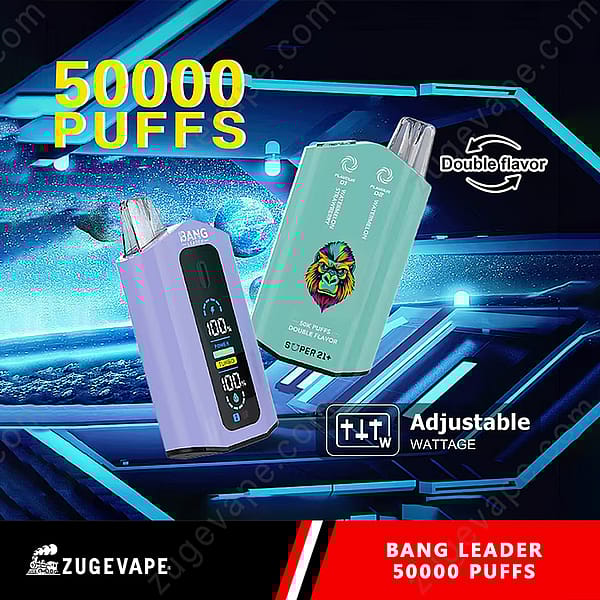 Twee elektronische vape-apparaten met digitale displays worden getoond tegen een futuristische, gloeiende blauwe achtergrond, waarbij functies zoals 50.000 trekjes, dubbele smaak en instelbaar wattage worden benadrukt.