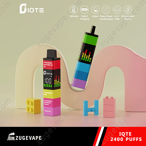 A Promotional Image Of An Iqte 2400 Puffs Vape Device, Showcasing Its Colorful Design, Flavor Options, 600Mah Battery With Type-C Charging, And 3D Animated Display, Set Against A Playful Background With Pastel Blocks.