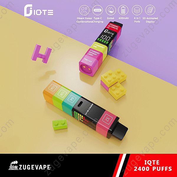 A Multicolored Disposable Vape Device Designed With A Block Pattern, Showcased With A Modular Lego-Like Theme And Featuring Branding And Specifications On A Colorful Background.