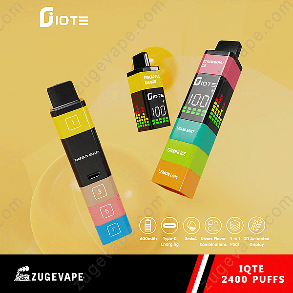 A Promotional Image For Ioite Vapes Showcasing Colorful Multi-Pod Designs With Features Like Digital Display, Diverse Flavor Options, And Rechargeable Capability, Highlighted Against A Yellow Background.