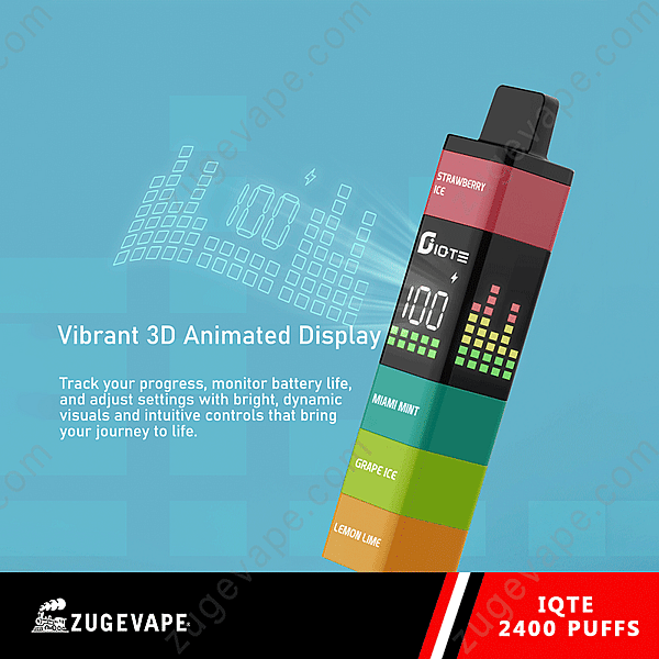 Colorful Vape Device With A Digital Display Showing Battery Status And Flavor Indicators, Titled 'Vibrant 3D Animated Display' With Promotional Text Describing Its Features.