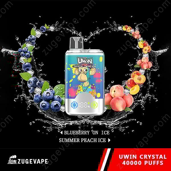 Ein Werbebild, das das Uwin Crystal Twins 40K Vape-Gerät zeigt, umgeben von Fruchtgrafiken für die Geschmacksrichtungen Blueberry on Ice und Summer Peach Ice, mit hervorgehobenem Branding und einer Kapazität von 40.000 Zügen.