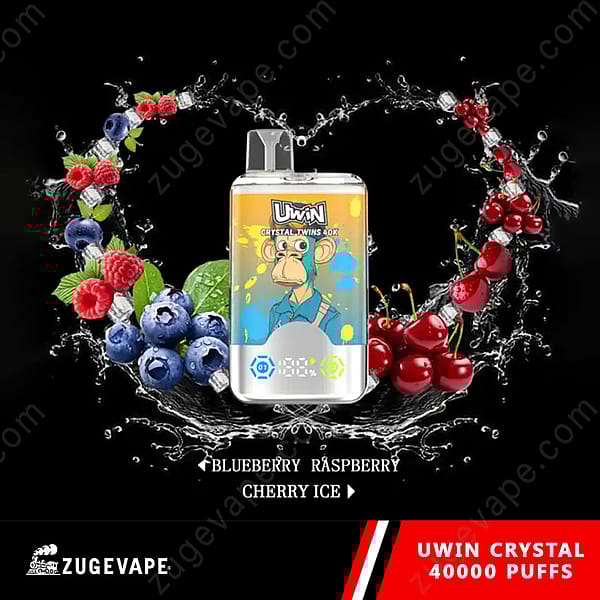 Werbebild des Uwin Crystal Vape-Geräts mit den Geschmacksrichtungen Blaubeere, Himbeere und Kirscheis, mit lebendigen Fruchtillustrationen und einem eleganten Vape-Design.