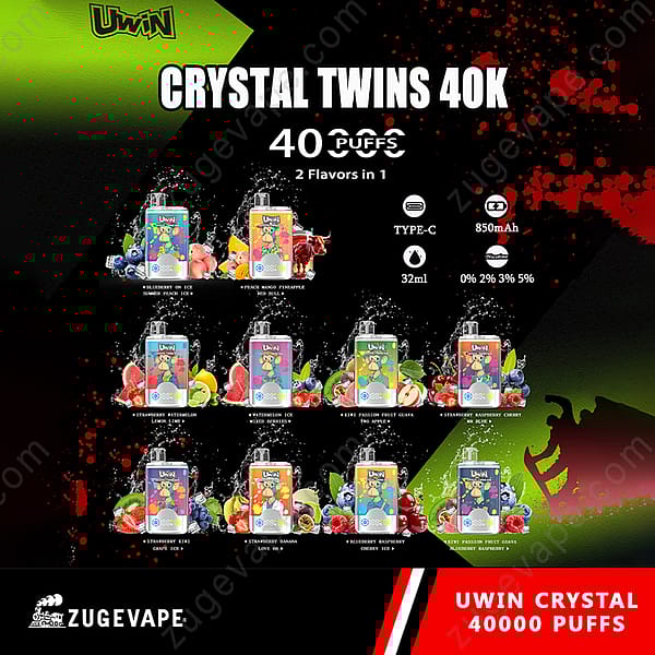 Farbenfrohes Werbebild, das den Einweg-Vape Crystal Twins 40K von Uwin mit 40.000 Zügen und verschiedenen Fruchtgeschmackskombinationen zeigt, dargestellt mit Produktspezifikationen auf einem schwarz-grünen Hintergrund.