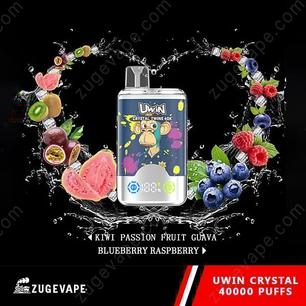 Bild der Verpackung des Uwin Crystal Twins 40K Vaping-Geräts mit einer farbenfrohen Illustration und umgeben von frischen Früchten wie Kiwi, Guave, Blaubeere und Himbeere.