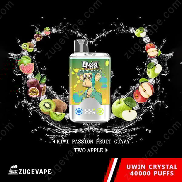Werbebild des Uwin Crystal Twins 40K Vape mit einer farbenfrohen Verpackung und einem stilisierten Affendesign, umgeben von Früchten wie Kiwi, Guave, Passionsfrucht und Äpfeln auf einem schwarzen Hintergrund mit Wasserspritzeffekten.