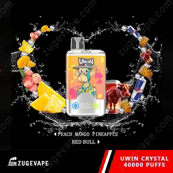 Werbebild des Uwin Crystal Twins 40K Vape-Geräts mit farbenfroher Grafik, umgeben von Pfirsich-, Mango-, Ananas- und Energydrink-Elementen vor einem schwarzen, spritzigen Hintergrund, begleitet von einem Text zum Produktgeschmack und mit der Marke Zugevape.