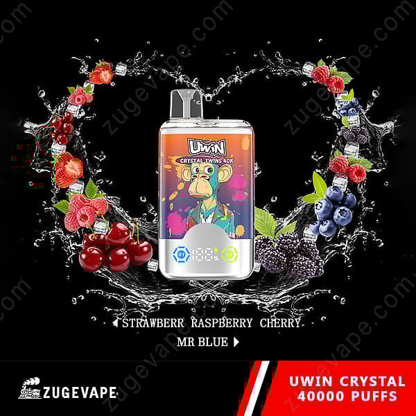 Uwin Crystal Vape-Gerät mit einer Kapazität von 40.000 Zügen, mit farbenfrohen Beerenillustrationen auf dunklem Hintergrund.