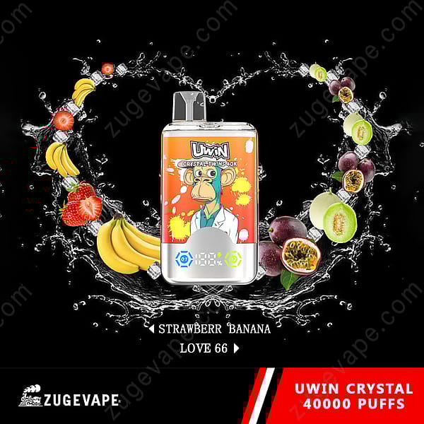 Werbebild, das das Uwin Crystal Vape-Gerät mit einem farbenfrohen Design zeigt, das einen Cartoon-Affen und Fruchtaromen wie Bananen, Erdbeeren und Passionsfrüchte zeigt, neben dem Produkttext mit der Aufschrift „40.000 Züge“.