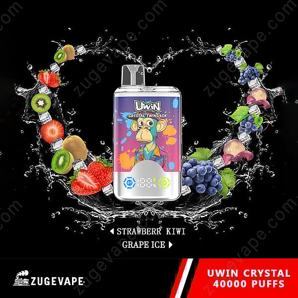 Werbebild, das das Uwin Crystal Vaping-Gerät, umgeben von Früchten wie Erdbeeren, Kiwis und Weintrauben, zeigt, wobei Aromen wie Erdbeer-Kiwi und Traubeneis hervorgehoben werden, mit dem Text, der 40.000 Züge erwähnt.