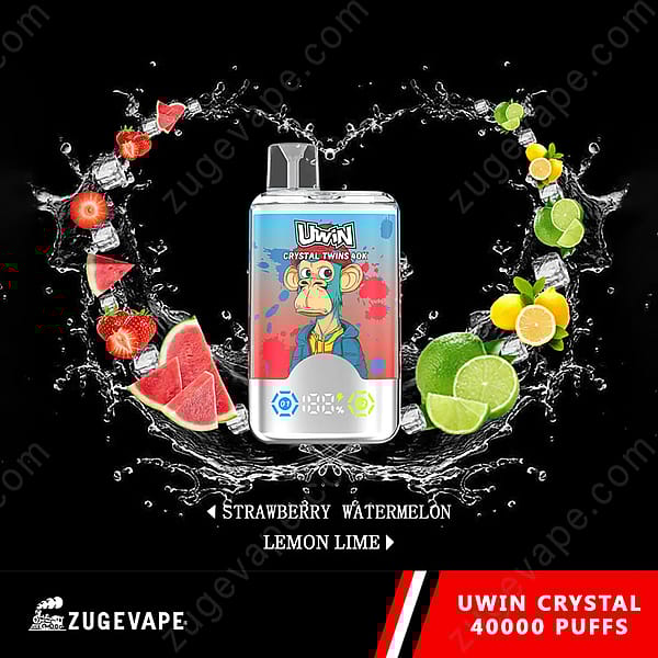 Werbebild des Uwin Crystal Twins 40K-Vaping-Geräts mit einem Cartoon-Affen-Design, umgeben von spritzendem Wasser, Erdbeeren, Wassermelonenscheiben, Zitronen und Limetten vor einem schwarzen Hintergrund, mit hervorgehobenen Geschmacksrichtungen „Erdbeere-Wassermelone“ und „Zitrone-Limette“.
