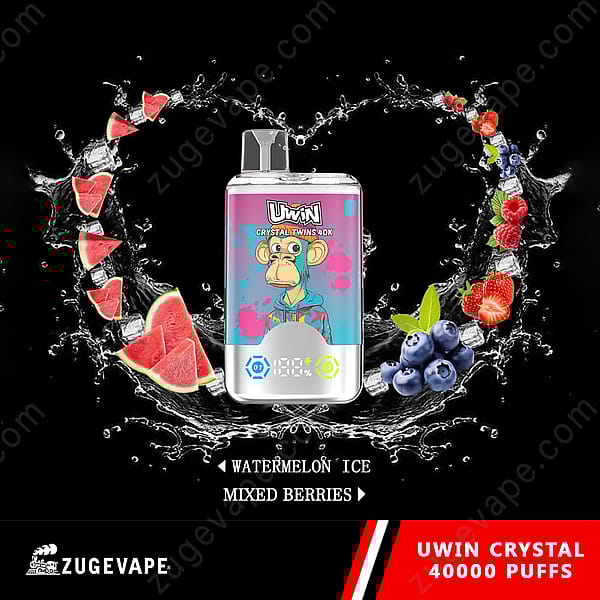 Ein Werbebild für den Einweg-Vape Uwin Crystal Twins mit einem illustrierten Affen auf dem Gerät, mit Wassermelonenscheiben und gemischten Beeren, angeordnet in einem Spritzer Wasser, das 40.000 Züge und Geschmacksrichtungen präsentiert: Wassermeloneneis und gemischte Beeren.