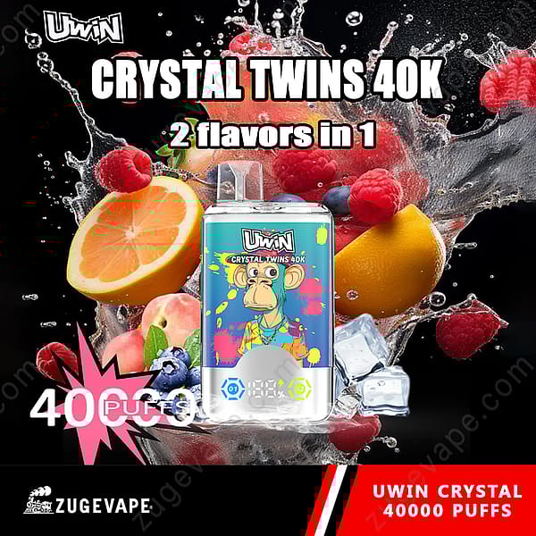Werbebild für Uwin Crystal Twins 40K Vape mit farbenfrohem Branding, einer Cartoon-Affengrafik und leuchtenden Fruchtelementen wie Orangen, Beeren und Eis, um Geschmacksvielfalt und Frische hervorzuheben.