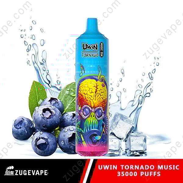 Ein Einweg-Vape-Gerät von Uwin Tornado Music mit lebendigem Design und einer farbenfrohen Totenkopfillustration, platziert neben frischen Blaubeeren, Minzblättern und Eiswürfeln, mit Wasserspritzelementen im Hintergrund.