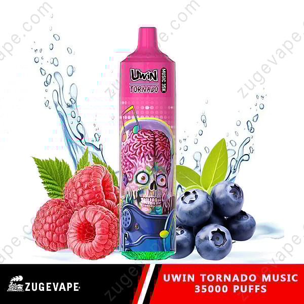 Ein Uwin Tornado Music Vape-Gerät mit einem leuchtend rosa Design mit einer Totenkopfgrafik, umgeben von Abbildungen von Himbeeren, Blaubeeren, Minzblättern und Wasserspritzern, neben dem Text mit der Aufschrift „35.000 Züge“.