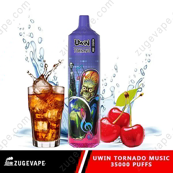 Uwin Tornado Music Vape-Gerät mit futuristischem Design, das einen Außerirdischen und Musiknoten zeigt, umgeben von Bildern von spritzender Cola, Kirschen und Wasser.