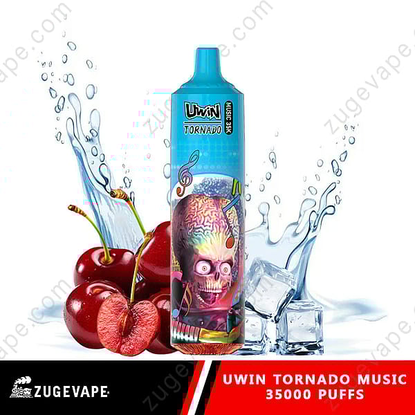 Abbildung eines Uwin Tornado Music Vaping-Geräts mit einem farbenfrohen Design mit einem stilisierten rosa Totenkopf und Musiknoten, inmitten von Kirschen, Eiswürfeln und einem Spritzer Wasser, begleitet von der Aufschrift „35000 Puffs“.