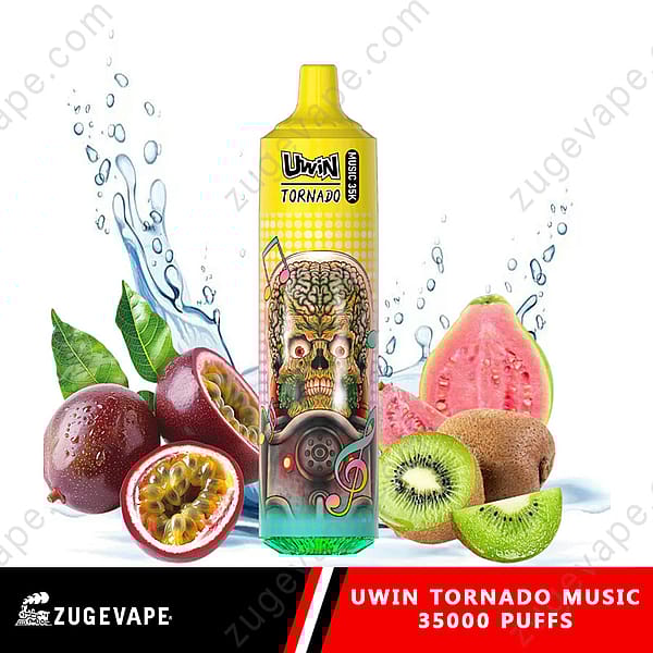 Ein farbenfrohes Vape-Gerät mit der Aufschrift „Uwin Tornado Music“ vor einem Hintergrund aus frischen Früchten, darunter Passionsfrucht, Guave und Kiwi, mit Wasserspritzern, die Erfrischung suggerieren, begleitet von einem künstlerischen Totenkopf-Design auf dem Gerät.