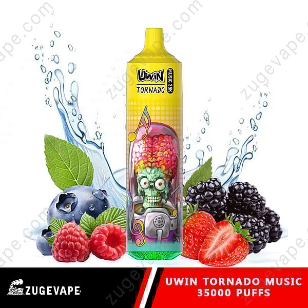 Ein Uwin Tornado Music 35000 Puffs Vape mit einem farbenfrohen Design, das einen Cartoon-Zombie und Noten zeigt, umgeben von Bildern verschiedener Beeren und Minzblätter.