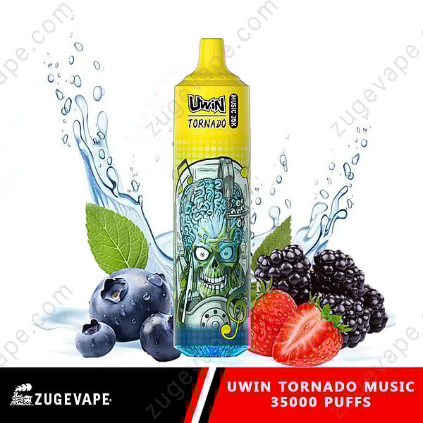 Werbebild des Einweg-Vaporizers Uwin Tornado Music mit 35.000 Zügen, mit lebendigen Fruchtgrafiken, darunter Blaubeeren, Erdbeeren und Brombeeren, neben Wasserspritzern.
