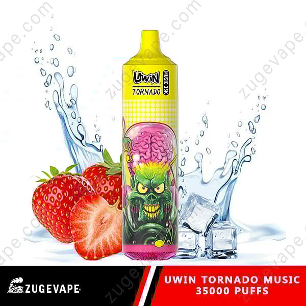 Ein Einweg-Vape von Uwin Tornado Music mit einem farbenfrohen Design, das ein grünes Wesen zeigt, umgeben von Erdbeeren, Eiswürfeln und Wasserspritzern, mit einer Kapazität von 35.000 Zügen.