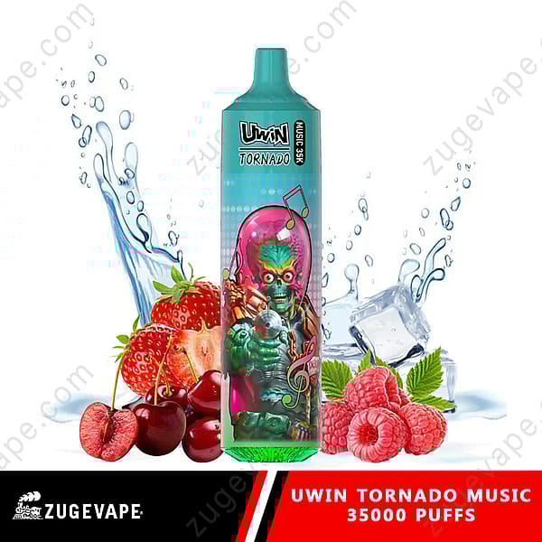Ein Einweg-Vape von Uwin Tornado Music mit dem lebendigen Artwork eines grünen Alien-Sängers, platziert zwischen Erdbeeren, Kirschen, Himbeeren, Eiswürfeln und Wasserspritzern, mit Werbetext für 35.000 Züge.
