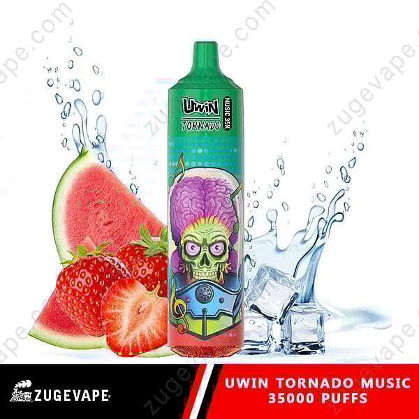 Ein Uwin Tornado Music Vape-Gerät neben Erdbeeren, Wassermelonenscheiben, Eiswürfeln und Wasserspritzern, das auf fruchtige und kühlende Aromen hinweist, mit farbenfrohem Branding, das ein Totenkopfdesign zeigt.