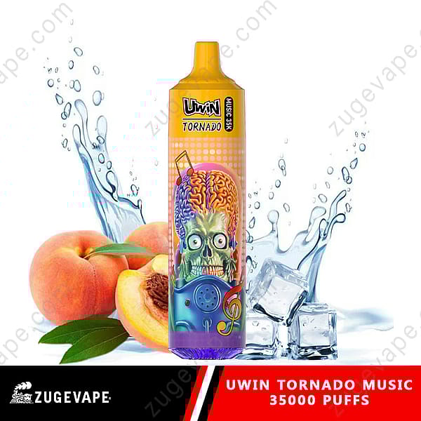 Das Uwin Tornado Music Vaping-Gerät mit 35.000 Zügen verfügt über ein farbenfrohes Design mit einer Skelettgesichtsgrafik, Musiknoten und einem Hintergrund mit Pfirsichen und Eiswürfeln.