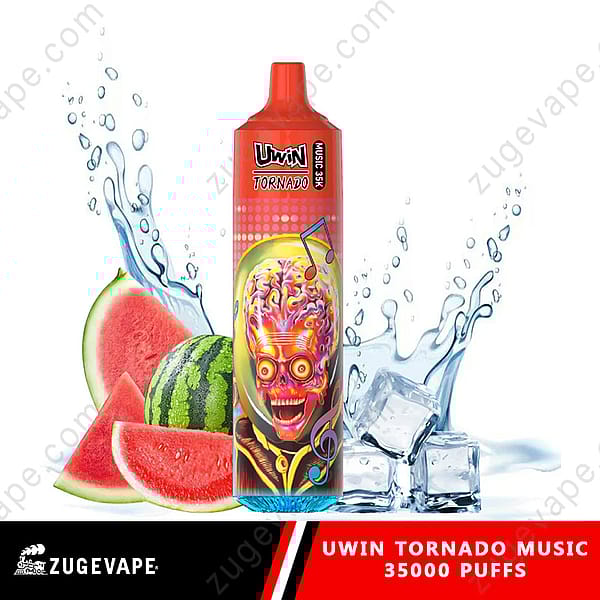 Farbenfrohes Vaping-Gerät mit der Aufschrift „Uwin Tornado Music 35000 Puffs“ und lebendigem Artwork, umgeben von Wassermelonenscheiben, Eiswürfeln und spritzendem Wasser.
