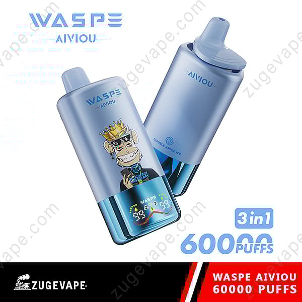 Two Waspe 3 In 1 Vape Devices In Blue With Graphics Featuring A Cartoon Monkey Wearing A Crown, Indicating 60,000 Puffs And Flavors Like Double Apple Ice And Blueberry Raspberry, Showcased By Zugevape.