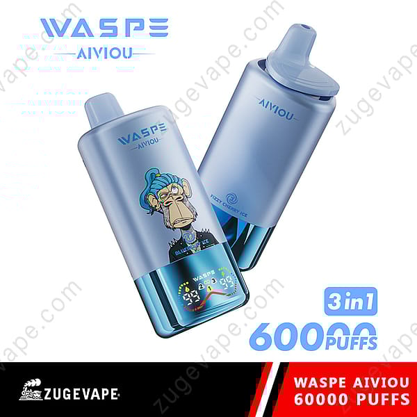 Two Blue Waspe 3 In 1 Disposable Vape Devices Featuring A Cartoon Monkey Design, Marketed As Offering 60,000 Puffs And Labeled With Flavors Like &Quot;Fizzy Cherry Ice.&Quot;