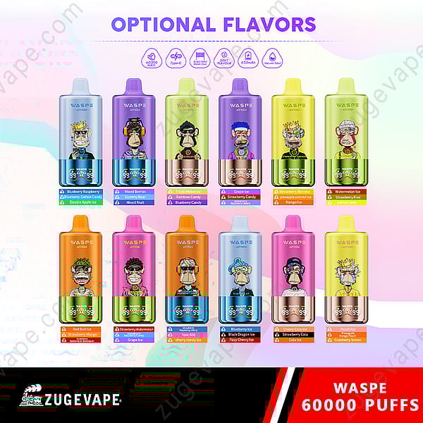 Marketing Image Featuring Various Waspe 3 In 1 Vape Device Flavors Displayed As Colorful Cartridges With Illustrated Characters, Along With Flavor Names And Descriptions, Emphasizing 60,000 Puffs For The Brand On The Bottom Right.