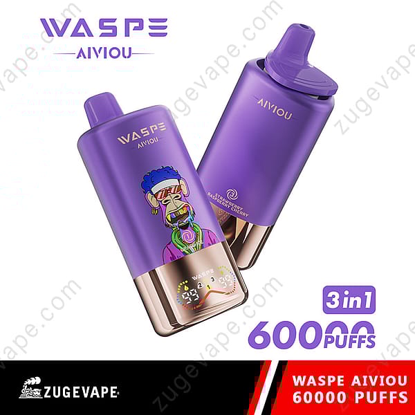 Two Purple Waspe Vaping Devices, One Featuring A Colorful Illustration Of A Cartoon Character, With Branding And Text Highlighting '60000 Puffs' And '3 In 1' Features.