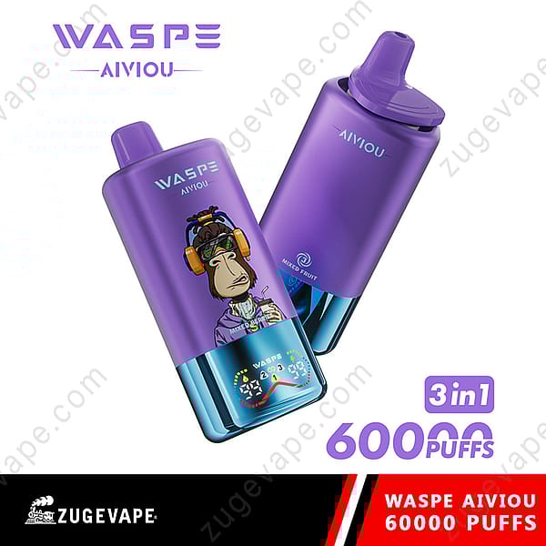 Promotional Image Showing Two Purple-Colored Disposable Vape Devices Labeled Waspe Aiviou With A Graphic Of A Monkey Wearing Headphones, A Mixed Fruit Indication, And Mentioned 60,000 Puffs And 3-In-1 Functionality Alongside The Logo Of Zugevape.