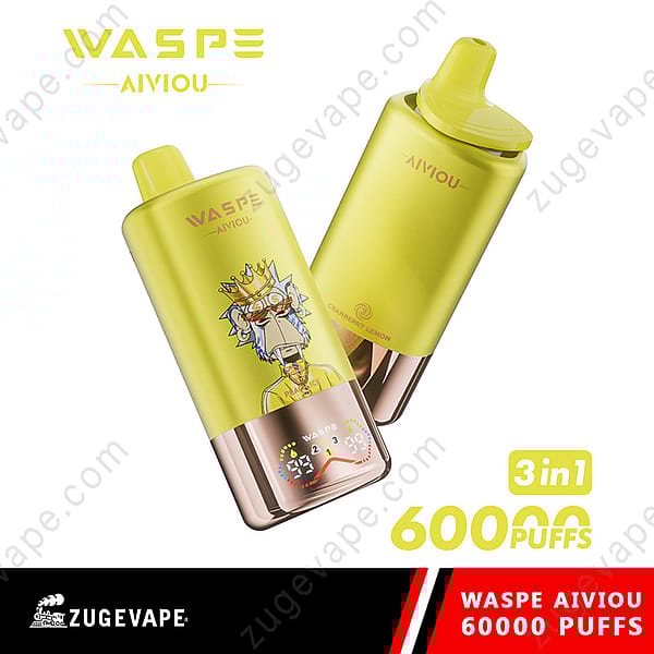 Two Yellow Vaping Devices From Waspe , One Showcasing An Illustrated Logo Of A Crowned Character, And A Text Indicating '60000 Puffs' In Bold Font.